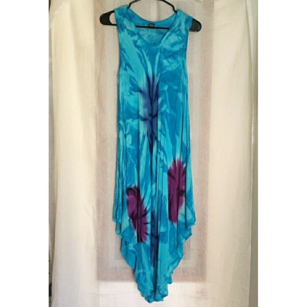 Zury Blue Purple Tie-Dye Sleeveless Midi Dress Cover Up Semi Sheer Lagenlook OS